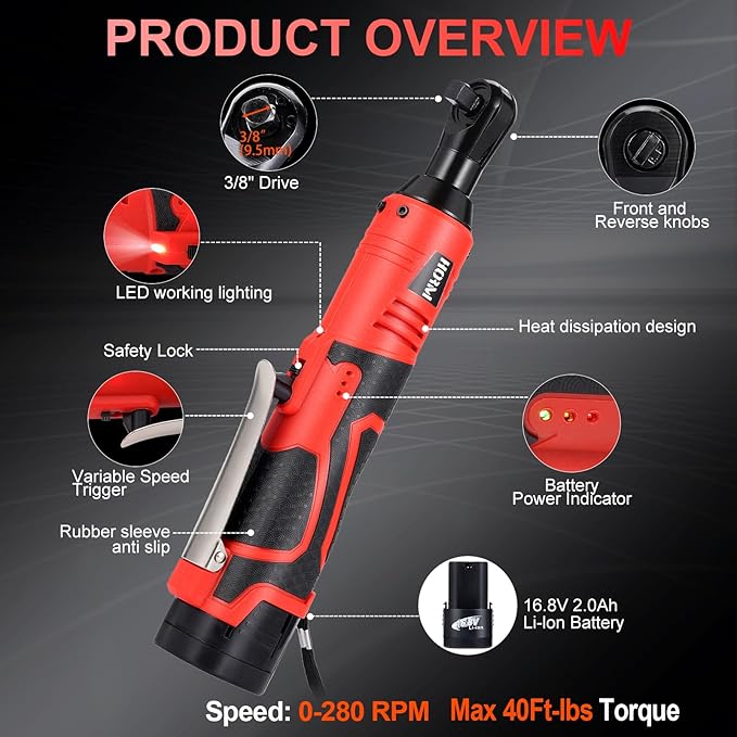 3/8" 16.8V Electric Ratchet,Cordless Ratchet Tool Kit,40 Ft-lbs,280 RPM,Equipped with 2 Packs 2000mAh Lithium-Ion Battery And Charger,Electric Wrench with Toolbo