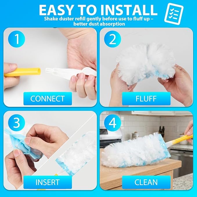 60 Count Larger Size Duster Refills for Swiffer Dusters with 1 Handle - Multi-Surface Feather and Microfiber Duster Disposable Alternative, Heavy Duty Cleaning Kit for Home, Furniture, Blinds and Vent