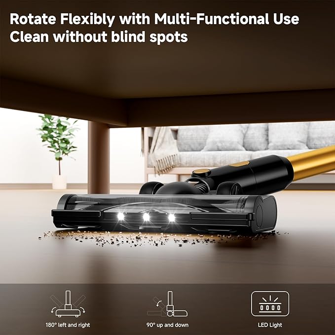 Cordless Vacuum Cleaner, 38Kpa Vacuum Cleaners for Home, 60Mins Lightweight Stick Vacuum with LED Display, Anti-Tangle & Wall Mount , 8 in 1 Lightweight Vacuum for Hard Floors Carpet Pet Hair, Gold