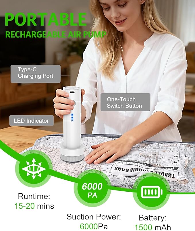 Travel Vacuum Storage Bags, Vacuum Seal Bags for Clothing with Rechargeable Air Pump, 6 Pack Combo Portable Space Saver Bags for Clothes, Luggage, Suitcase, Seasonal Storage, Travel