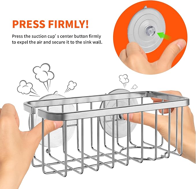 SunnyPoint NeverRust Deluxe Kitchen & Bathroom Sink Sponge Holder Organizer with Adhesive Mount - Additional Suction Cup Included – Sponge & Brush NOT Included – 7.4 x 3.3 x 2.75 Inch, BLK