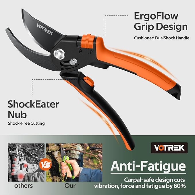VOTREK® Pruning Shears, [Patented Stepless Handle Opening] - Garden Clippers with Ultra-Sharp SK5 Steel for Weak Hand, Pruners Universal Fit for All Hand Sizes, Effortlessly Cuts 1-Inch Branches