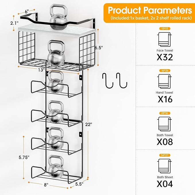 Towel Racks for Bathroom,Towel Rack Wall Mounted, 6 Tier Rolled Or Folded Towel Holder with Floating Shelves, Bathroom Towel Holder for Bath, Hand Towels,Metal,White Wood Panel