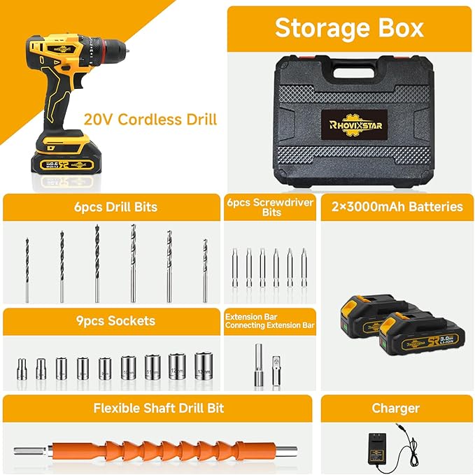 Cordless Drill Set with Battery and Charger,Power Drill Tool Set 20v,3/8-Inch Keyless Chuck,Variable Speed (Equipped with 2x 3Ah Batteries)