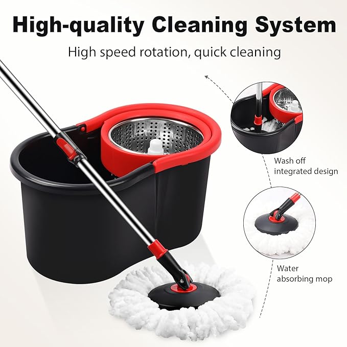 Spin Mop and Bucket, Mop and Bucket with Wringer Set for Home, 360 Spinning Mop Bucket Floor Cleaning Tool with One Microfiber Mop Replacement Head Refills,50" Extended Handle for Floor Cleaning Home