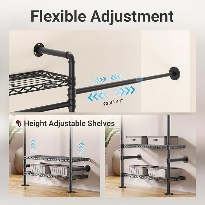 Timate S3X PLUS Closet System, Expandable Wall Mounted Closet with 6 Adjustable Shelves & 4 Expandable Hanger Rods, Industrial Pipe Clothing Rack for Hanging Clothes, Fits Spaces 6'11"- 9'10", Black