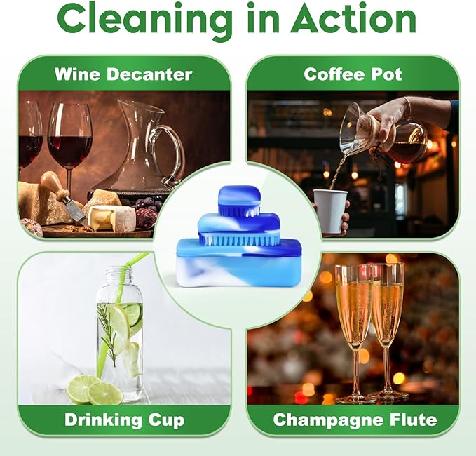 Magnetic Glass Cleaner Kit - Reusable Pipe Cleaning Tool Deep Cleans Hard-to-Reach Stains Two Silicone Brush with Handle Design Versatile for Glassware, Ceramic Surfaces, Blue
