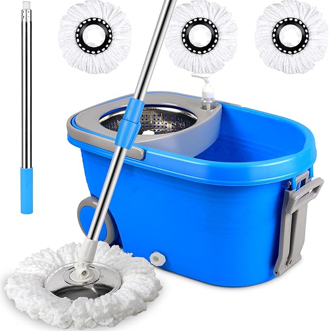 Spin Mop & Bucket, 360 Spinning Mop Bucket Kit, Stainless Steel Bucket Wringer Set, Plus 3 Replacement Head Refills, 360 Spinning Mopping System, 61" Extended Handle for Floor Cleaning (Blue)