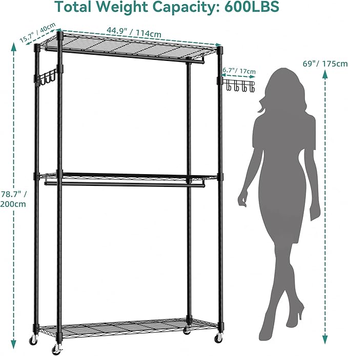 Heavy Duty Rolling Garment Rack, 3 Tiers Wire Shelves Adjustable Freestanding Portable Rolling Clothing Rack with Lockable Wheels, 44.9''L x 15.8''W x 78.8''H, Max Load 600LBS