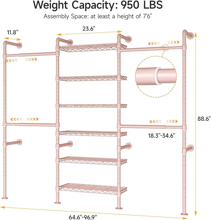 ONBRILL H3 Wall Mounted Closet System, Expandable Industrial Pipe Clothes Rack Clothing Rack for Hanging Clothes, Heavy Duty Closet Organizers and Storage in Wardrobe Closet, Pink