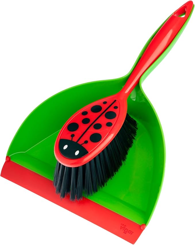 Vigar Ladybug Dust Pan and Brush Handy Set, 12-3/4-Inches, Green, Red, Black