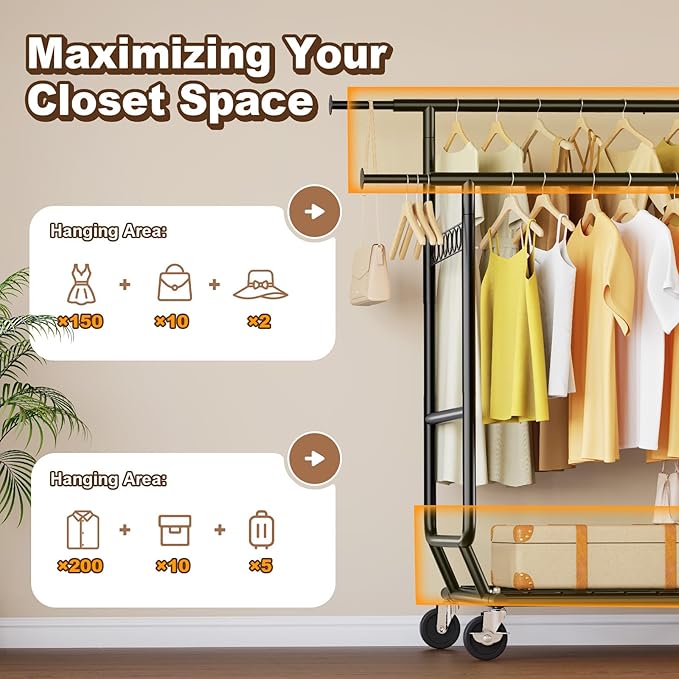 HOKEEPER Clothes Rack Heavy Duty Clothing Rack Load 650 LBS Collapsible Garment Rack with Wheels Double Rod Coat Rack for Hanging Clothes Commercial Closet Rack with Shelves, Black 22" D*75" W*68" H