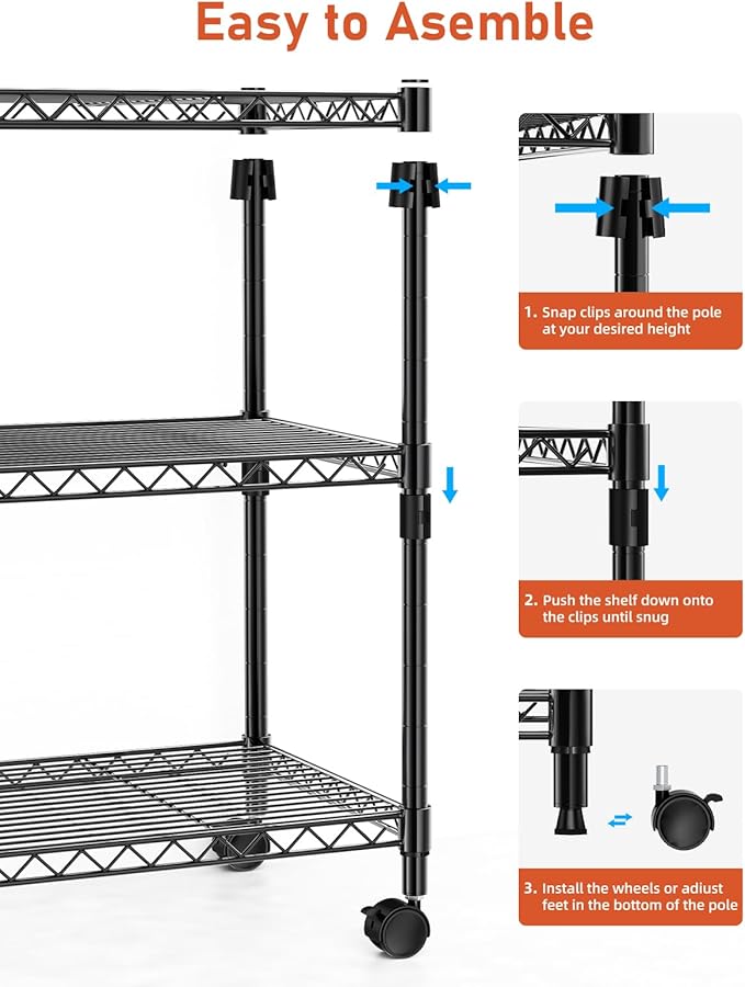 Simple Deluxe Shelving Unit - 3 Tier Shelf for Garage Storage, Black, 24.02" W x 13.78" D x 29.92" H, 750 Lbs Capacity, Adjustable Shelves, Leveling Feet, Caster Wheels for Easy Mobility,Black