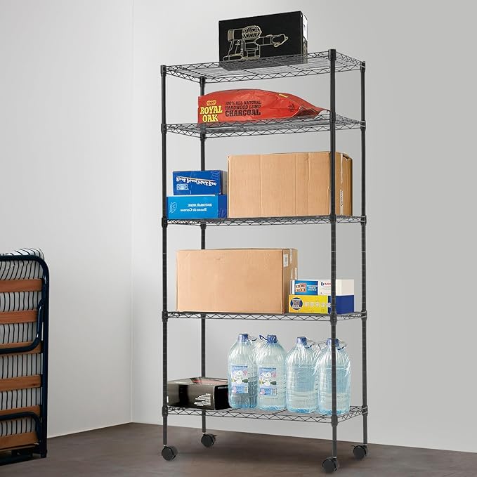BestOffice 14"x30"x60" Commercial Storage Shelves Heavy Duty Shelving 5 Tier Layer Wire Shelving Unit with Wheels Metal Wire Shelf Standing Garage Shelves Storage Rack,Adjustable NSF Certified(Black)