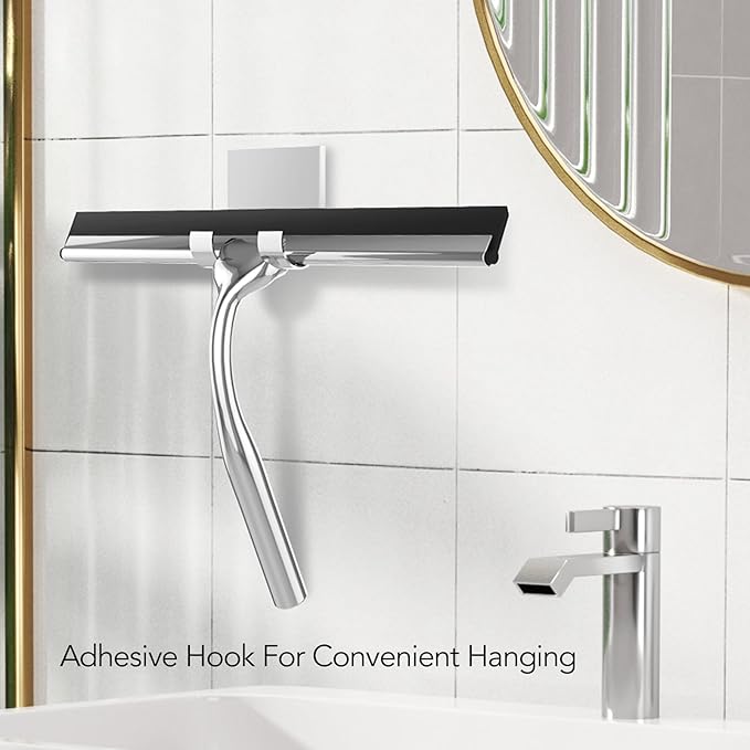 Shower Squeegee for Shower Glass Door with Adhesive Hook, Stainless Steel Squeegee for Shower Glass, Window Squeegee for Cleaning Tile Wall, Mirror, Car(10", Silver)