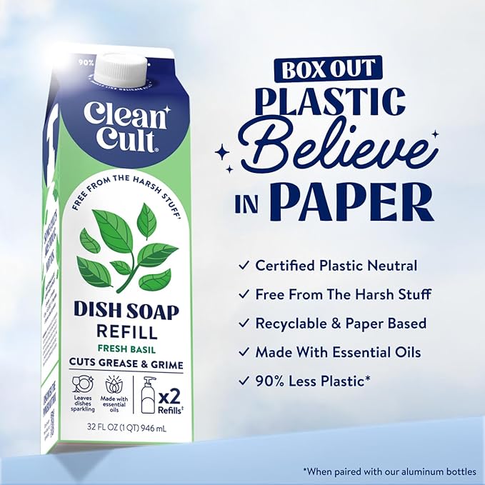 Cleancult Dish Soap Liquid Refills (32oz, 1 Pack) - Dish Soap that Cuts Grease & Grime - Free of Harsh Chemicals - Paper Based Eco Refill, Uses 90% Less Plastic - Sweet Basil