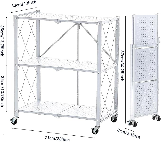 BRIAN & DANY 3-Tier Foldable Storage Shelves with Wheels, No Assembly Folding Shelf Metal Rack, Shelving Unit for Kitchen, Garage, White
