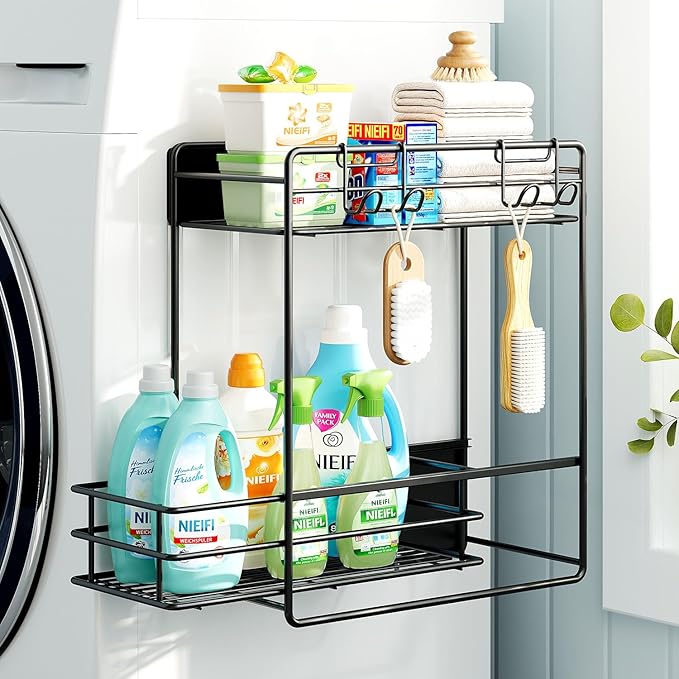 Nieifi Magnetic Shelves for Washing Machine, Heavy Duty, 2 Tier Magnetic Laundry Organizer, Dryer Sheet Holder for Laundry Room Storage, Black
