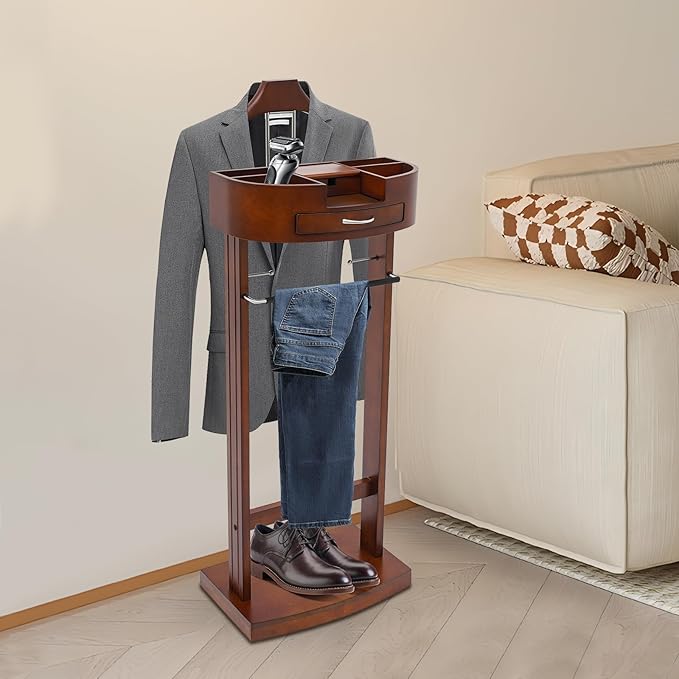 Valet Stand for Man and Women, Wood Suit Rack Suit Valet Stand with Top Tray, Storage Drawer, Bottom Shoe Rack, Freestanding Clothes Rack for Living Room, Entryway, Bedroom, Office, Black (Brown)