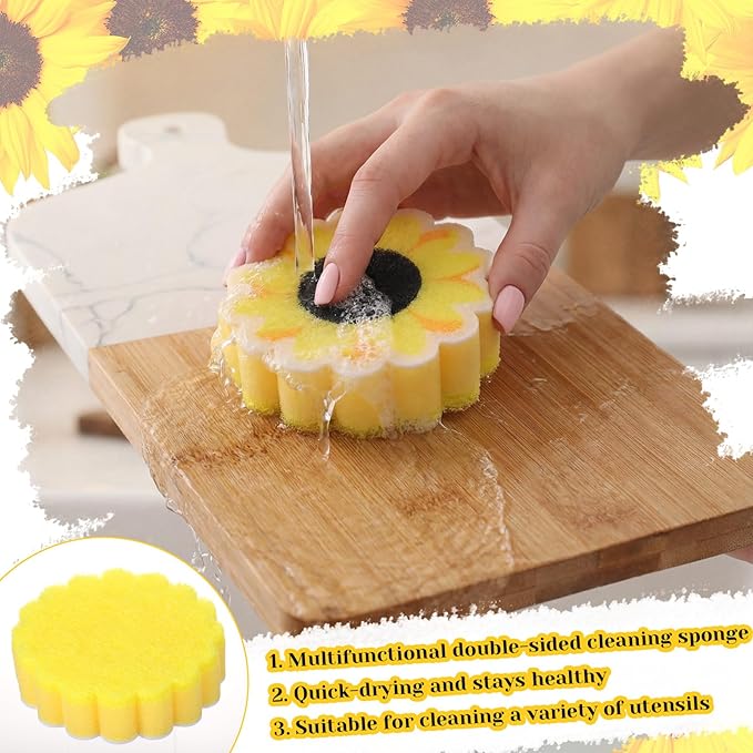 Tioncy 12 Pack Sunflower Kitchen Sponges Bulk Dual Sided Scrubber Yellow Sunflower Sponges Dishwashing Kitchen Cleaning Accessories for Funny Christmas Holiday Household Supplies
