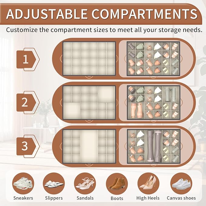 Foyego Shoe Organizer for Closet, Shoe Storage Organizer with Wheels and Adjustable Dividers, Stackable Shoe Storage Box with Clear Cover, Foldable Closet Shoe Organizer Fits up to 24-48 Pairs, Gray