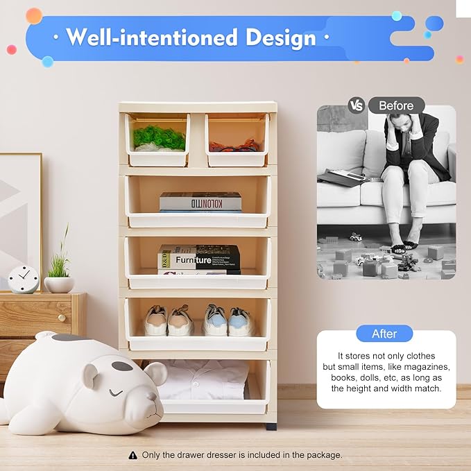 Rolling Parrot Plastic Dresser Storage Cabinet w/Lock, 6 Drawers Plastic Drawers Dresser Closet Drawers Tall Dresser Organizer for Clothes Playroom Bedroom Furniture, Multi-Color