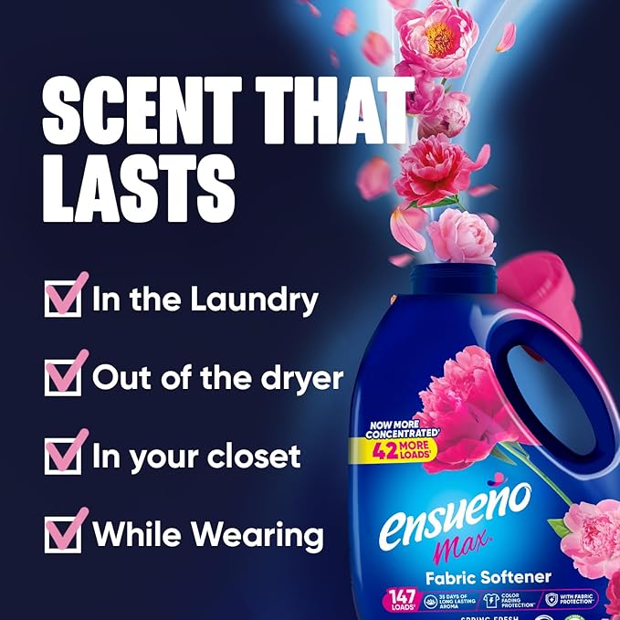 Ensueño Max Liquid Fabric Softener - Spring Fresh Scent - 125 fl oz - Color-Safe Fabric Softener Liquid - Softens 147 Loads - Reduces Wrinkles & Static