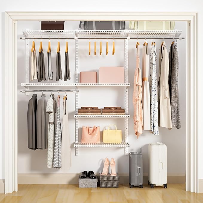 Wire Closet Organizer System, Wall Mounted 6.5 Ft. Custom Closet Kit for Bedrooms Laundry Mudroom Garage Basement, Adjustable Storage Shelves for Clothes Shoes Handbags