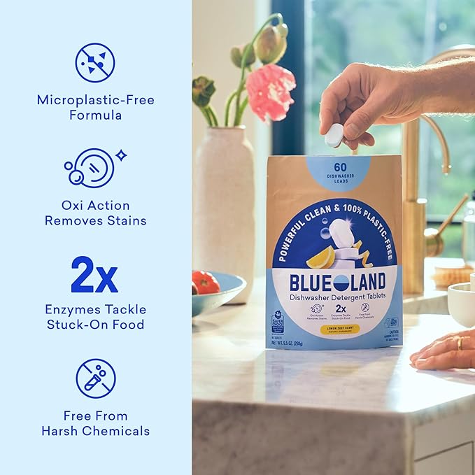 BLUELAND 100% Plastic-Free Dishwasher Detergent Tablets, 120 Count, Lemon Zest Scent, Eco Friendly Dishwashing Pods, Natural, USDA Certified biobased