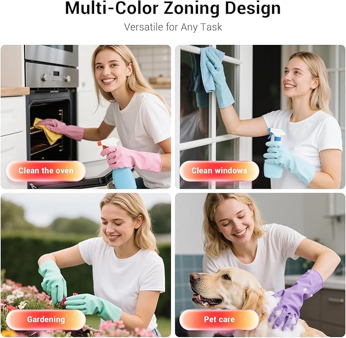 ThxToms 4 Pairs Reusable Rubber Gloves, 13" Natural Latex, 10mil Thick Heavy Duty Dishwashing & Cleaning Gloves, Non-Slip Grip, Multi-Color, Ideal for Kitchen, Bathroom, Car, & Garden Cleaning, Small