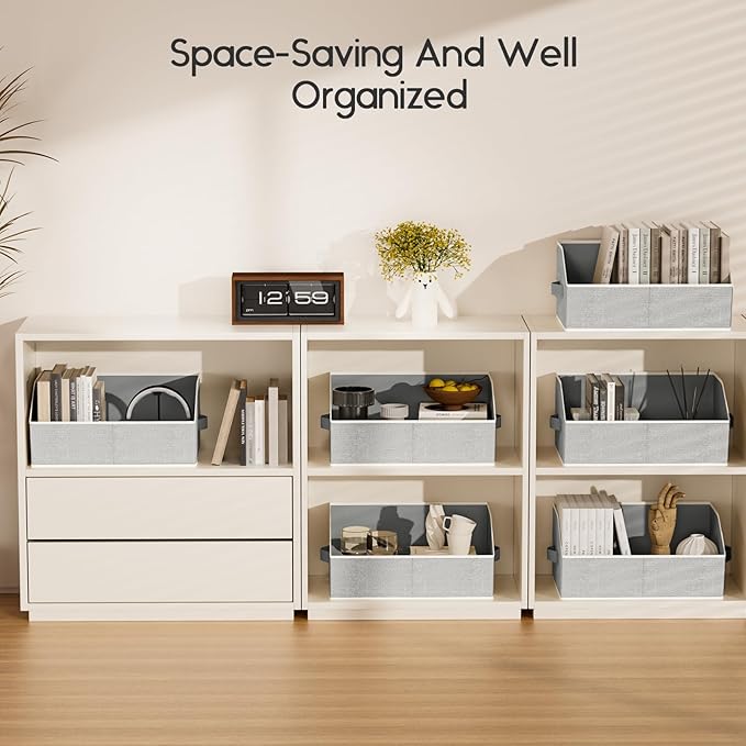 Large Closet Organizers and Storage Bins - 10 Pack Trapezoid Storage Baskets for Shelves, Foldable Fabric Baskets with Handles Ideal for Closet, Basket, Wardrobe and Shelf Storage, Beige