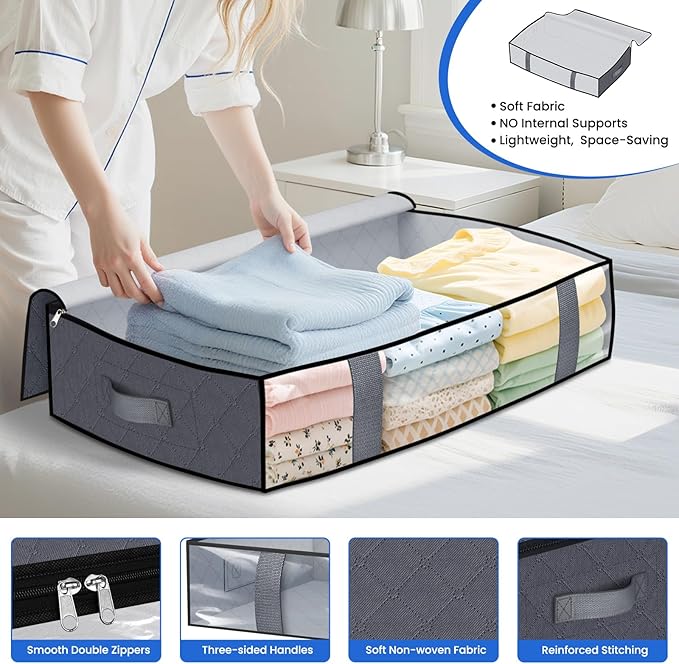 TasticTotes Under Bed Storage Containers, 2 Pack Blanket Storage Bags, Collapsible Storage Bags with Big Zippers, Clear Front, Shoe Storage and Organization for Clothes, Comforter, 60L, Grey