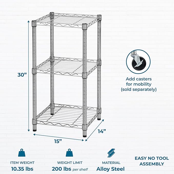 Honey-Can-Do 3 Tier Heavy-Duty Adjustable Shelves, Metal Storage Rack with 200-lb Shelf Capacity, Chrome, 15" W x 14" L x 30" H