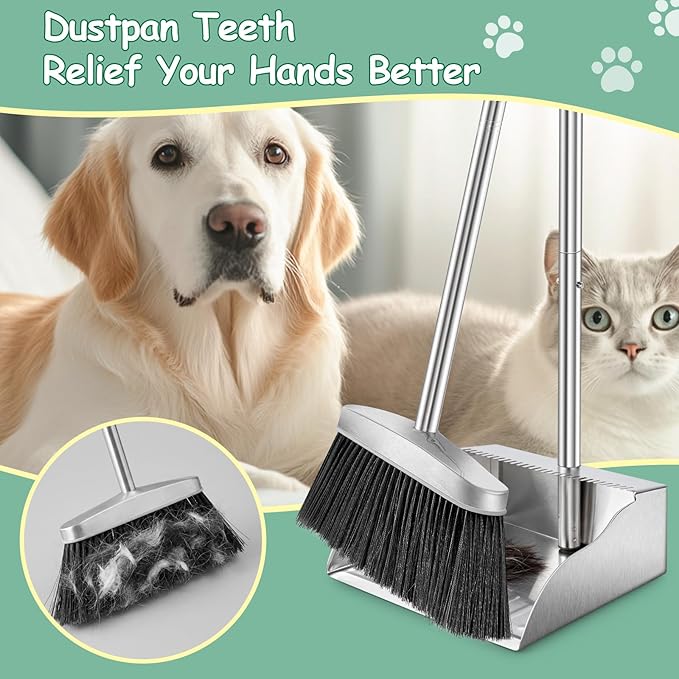 Metal Broom with Dustpan Combo Set-Long Handle Broom with Dustpan,Heavy Duty Standing Dust Pan & Soft Bristles Brooms,Indoor Outdoor Dust Pan Brooms for Home Office Lobby Floor
