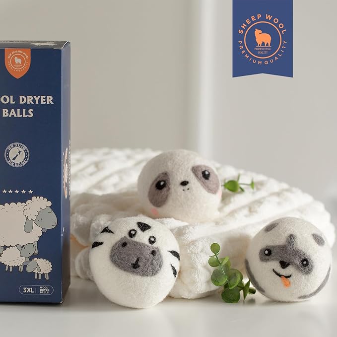Wool Dryer Balls Handmade 3 Pack XL,Organic Laundry Dryer Balls,100% New Zealand Wool Natural Fabric Softener,Reusable 1000 Loads,Wrinkles Free, Shorten Drying Time,Baby Safe (3 Pack XL,Cute Animals)