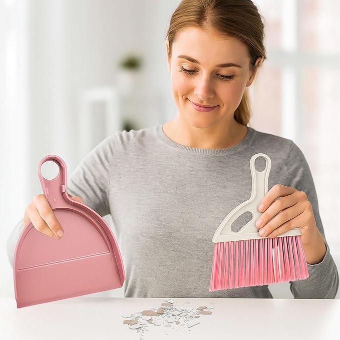 9 Pcs Small Dustpan and Brush Set Mini Broom and Dustpan Set with Handle Nesting Portable Cleaning Tools for Home Office Car Keyboard Countertop and Pet Nest (Blue Red Green)