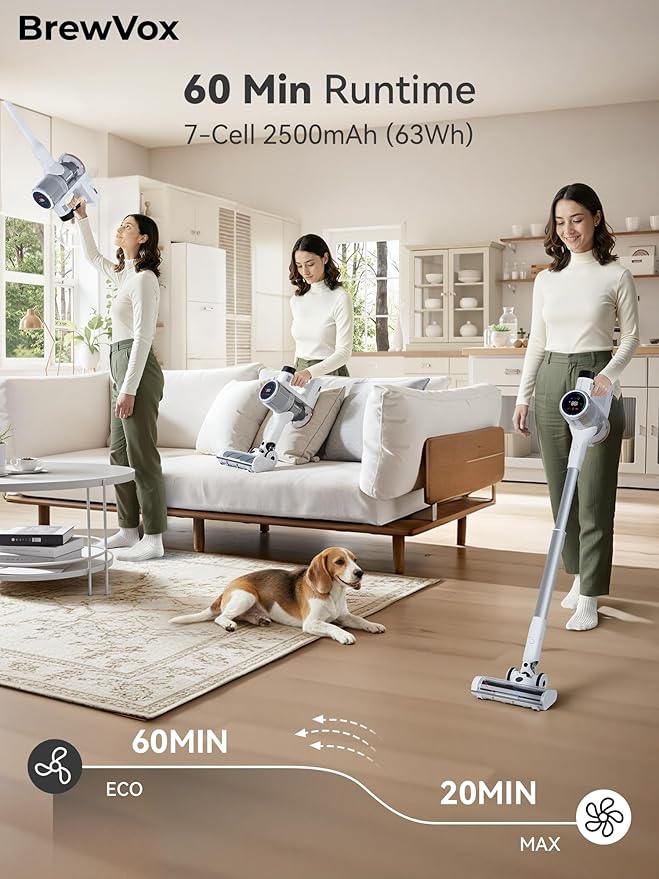 BrewVox Telescopic Cordless Stick Vacuum Cleaner for Home & Pet Hair, Smart Auto Detect, 2 Motorized Brushes, 6 Stage Filtration, 45kPa Powerful Suction, 550W Motor, 60 Min Runtime, Quick Rechargeable