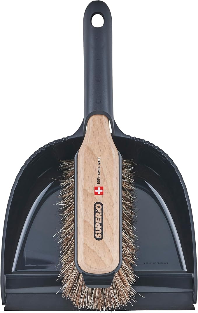 Superio Handheld Comfort Grip Dustpan and Brush Set - Hand Broom with Swiss Natural Horsehair Bristles.