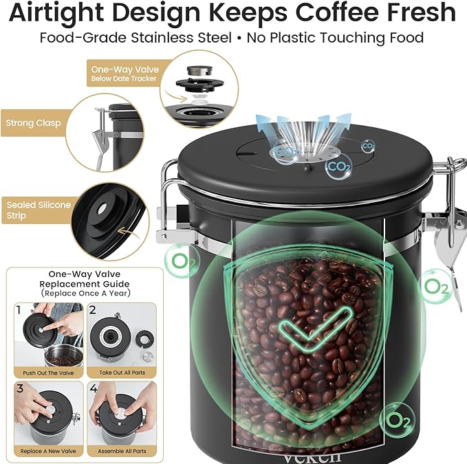 Veken Coffee Canister with Window, Airtight Stainless Steel Kitchen Food Storage Container with Lids, Date Tracker and Scoop for Grounds Coffee, Beans, Tea, Flour, Cereal, Sugar Jars, 16OZ, Black