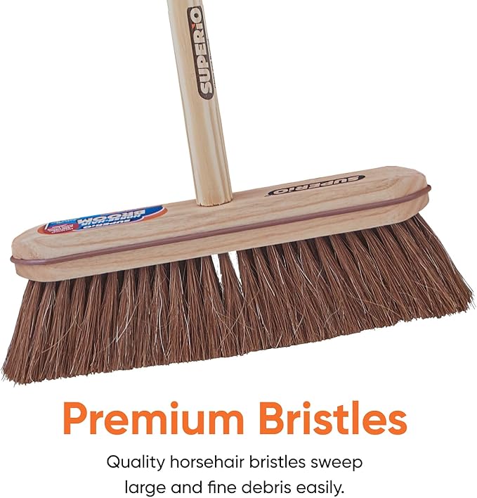 Superio Kitchen and Home Horsehair Broom With Wood Handle, Fine Premium Bristles - Heavy Duty Household Broom Easy Swiping Dust And Wisp Floors And Corners , 12" sweeping head