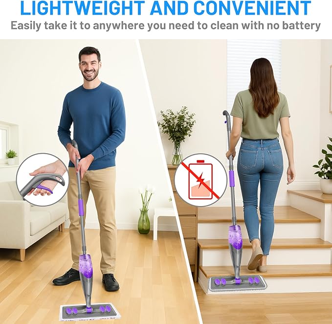 Spray Mops for Floor Cleaning - Wet Dry Mops with 2 Washable + 2 Disposable Pads for Swiffer Powermop - Refillable Bottle for Hardwood Tile Home Kitchen - Absorbs Pet Hair Dust Stains