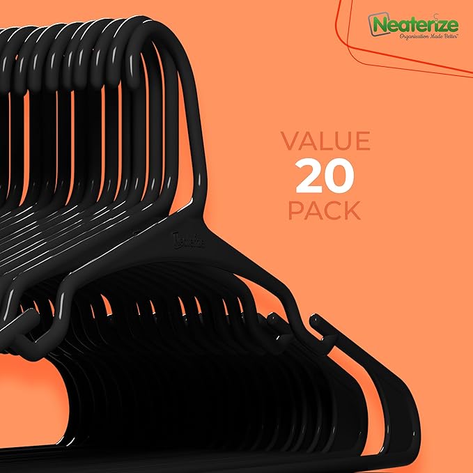 NEATERIZE Clothes Hangers Plastic 20 Pack for Adults - Plastic Hangers, The Perfect Coat Hanger and Space Saving Clothes Hangers for Closet, Percheros Ganchos para Colgar Ropa Hangars - Black Hangers