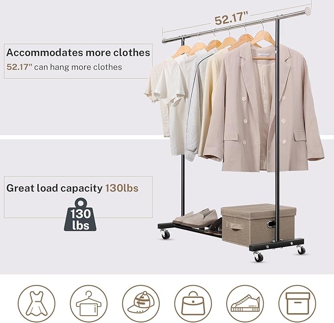VICERII Clothes Rack, 130LB Capacity Heavy Duty Clothing Rack with Wheels and Bottom Shelf, 52.17 Inch Rolling Racks for Hanging Clothes, Coats, Shirts, Sweaters, Skirts, Dress, Black