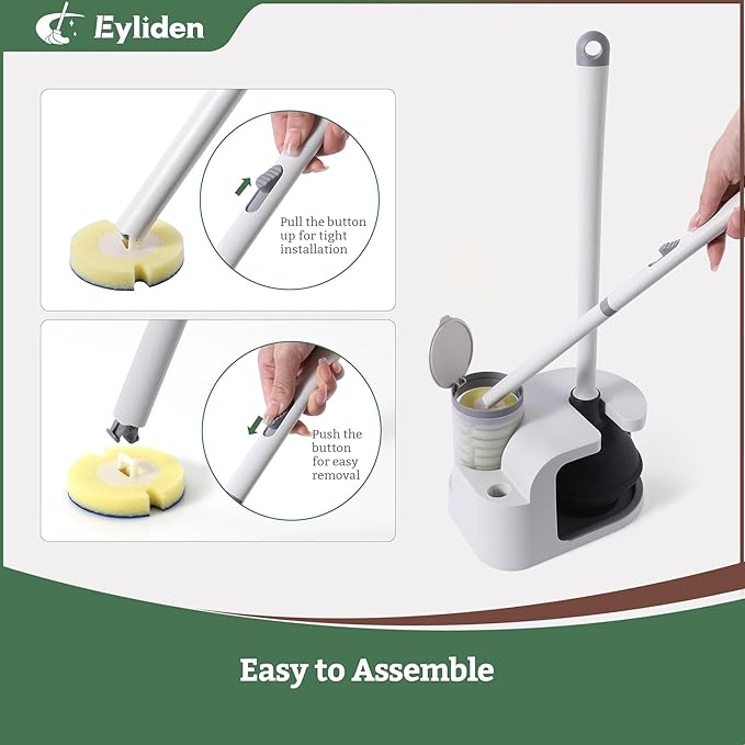 Eyliden Disposable Toilet Brush and Plunger Combo | 2-in-1 Toilet Bowl Wand Kit - 10 Count Pre-Soaked Refill Heads, 3-Step Plunger, Storage Holder - Compact Toilet Cleaning System, White