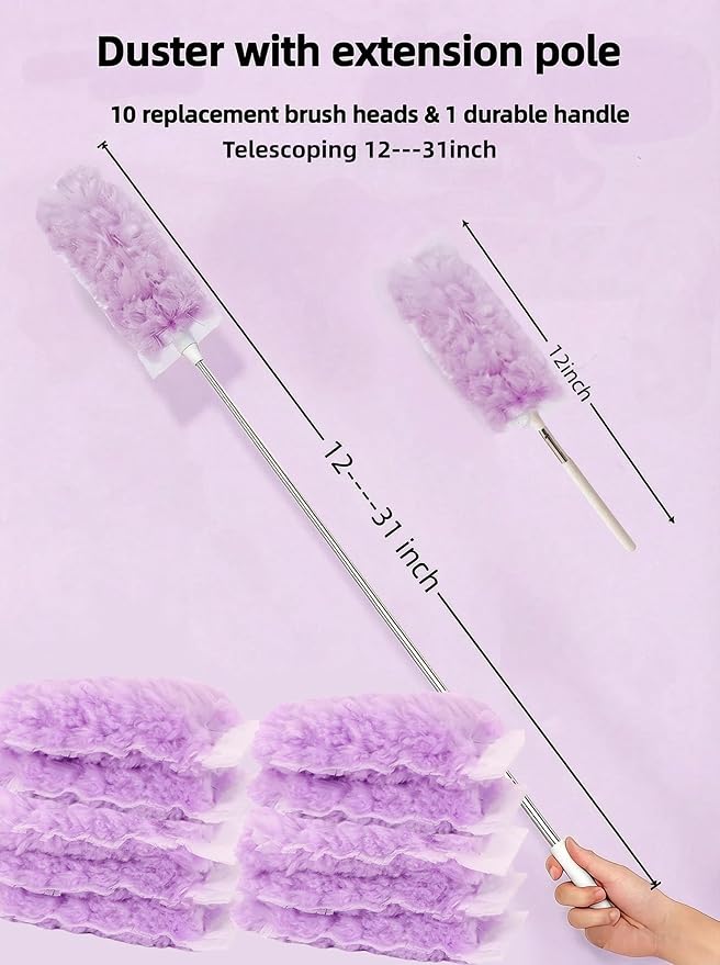 Heavy Duty Duster Refills, Disposable Dusters Kit for Cleaning Dusting Furniture Blind Ceiling Fan, Multi Surface 360 Feather Duster(10)+3FT Extended Handle（1） (pueple)