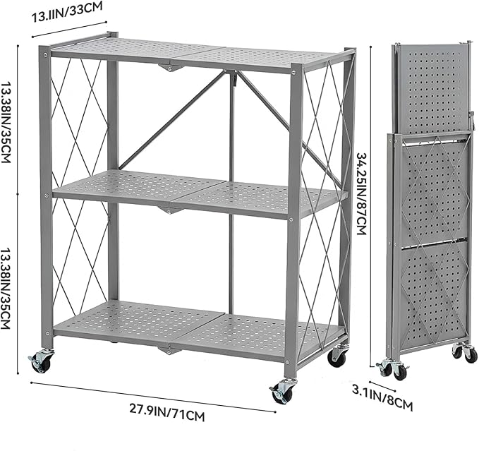 BRIAN & DANY 3-Tier Foldable Storage Shelves with Wheels, No Assembly Folding Shelf Metal Rack, Shelving Unit for Kitchen, Garage, Gray