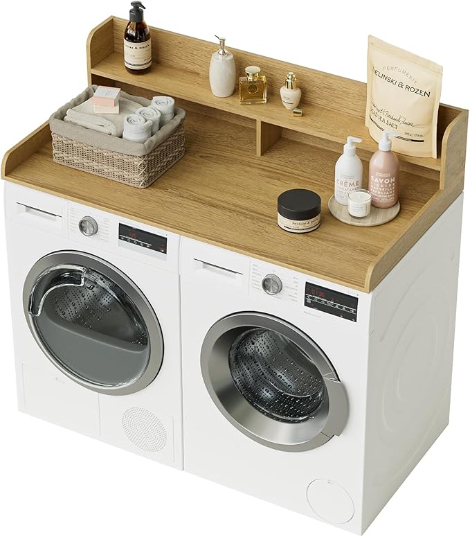 2-Tier Washer Dryer Countertop, Laundry Room Organization and Storage, 27.6" x 54" Wood Laundry Countertop for Washer and Dryer, Natural