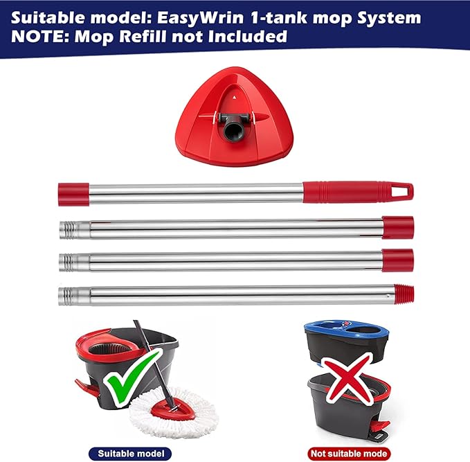 Mop Handle Compatible with Ocedar EasyWring Buctke, Spin Mop Replacement Handle & Base Compatible with O Cedar, 4-Section Mop Stick Pole & Base Compatible with O-Cedar Mop System