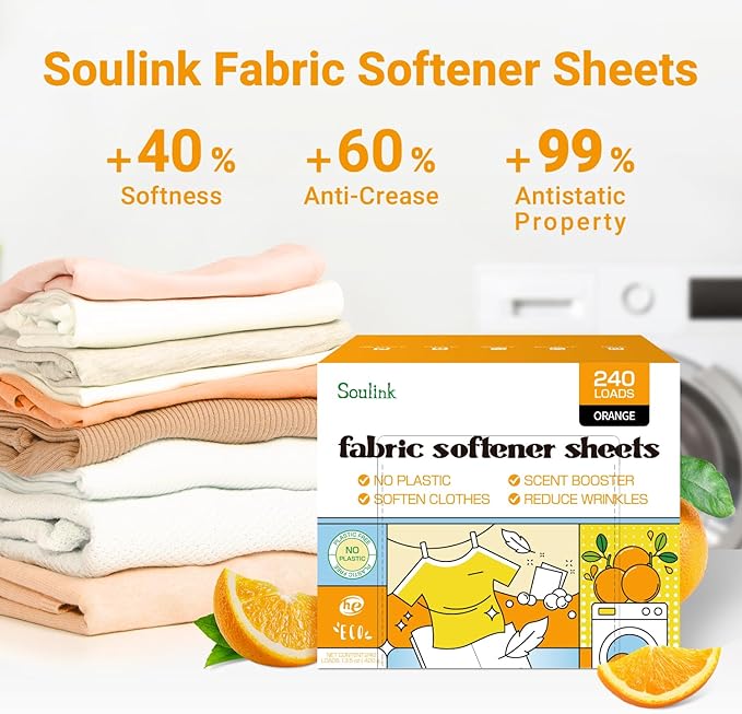 Soulink Fabric Softener Sheets for Washing Machine, No Plastic Jug Soap Strips, Alternative to Fabric Softener Liquid and Pods, Orange Scent, Up to 240 Loads