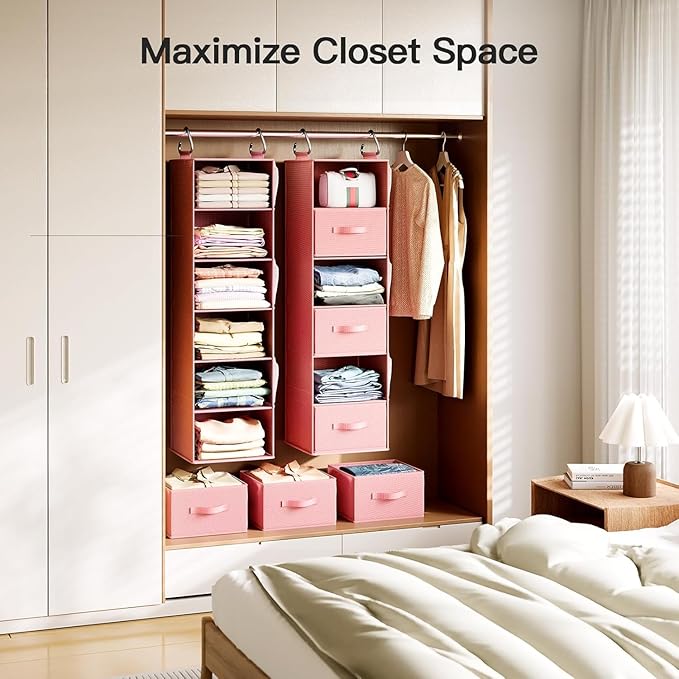 Pipishell Hanging Closet Organizer 6-Shelf, Hanging Shelves for Closet with 3 Removable Drawers & Side Pockets for Bedroom, Garment Rack and Wardrobe Organization, 12' x 12' x 43.3', Pink